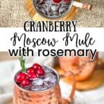 Cranberry moscow mule with rosemary in copper mugs.