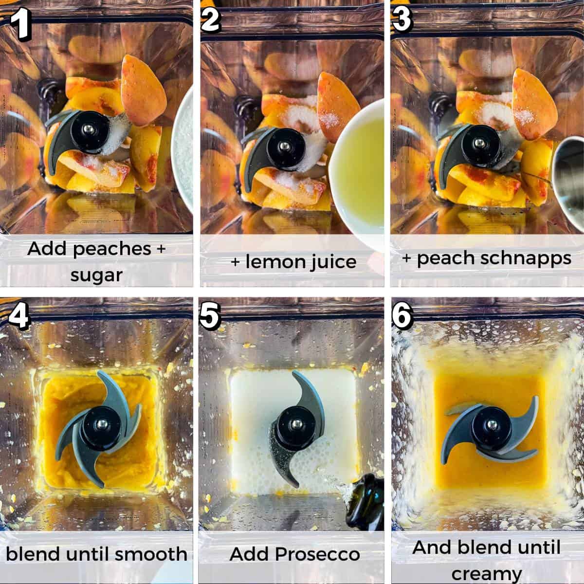 A collage of the process shots for making a frozen peach Bellini in a blender.