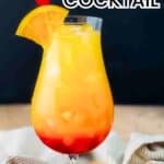 A tropical Malibu Sunset cocktail in a hurricane glass, layered with orange and red hues, garnished with a maraschino cherry and orange wedge.