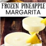 Slushy frozen pineapple margarita in a salt-rimmed glass, garnished with a pineapple slice.