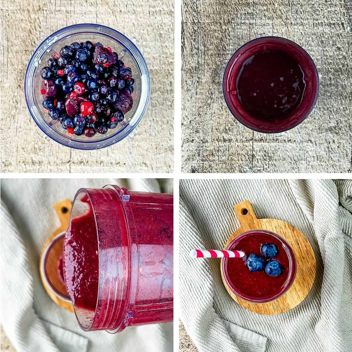 Step-by-step process photos showing how to make an acai berry smoothie, including frozen berries in a blender, the blended smoothie, pouring it into a glass, and the finished drink with blueberries and a paper straw.