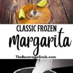 A refreshing classic frozen margarita in a cocktail glass garnished with lime slices, on a rustic wooden background.