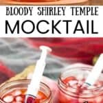 A small glass jar filled with a fizzy Bloody Shirley Temple mocktail, with a plastic syringe filled with red grenadine syrup placed inside for a spooky Halloween drink presentation.